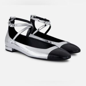 Stuart Weitzman Silver and Black Mary Jane Flats with Ankle Strap